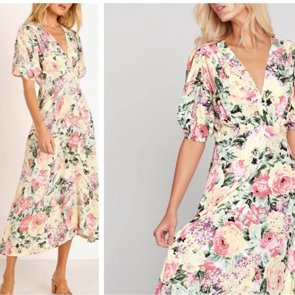 Faithfull The Brand Marie Louise Midi Dress In Vennisa Floral Yellow XL US 10 - Picture 2 of 16